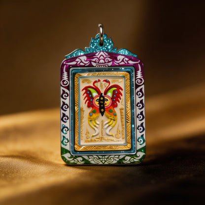 Amulette thaïlandaise de la déesse papillon (bordure irisée), pendentif folklorique thaïlandais, talisman sacré porte-bonheur