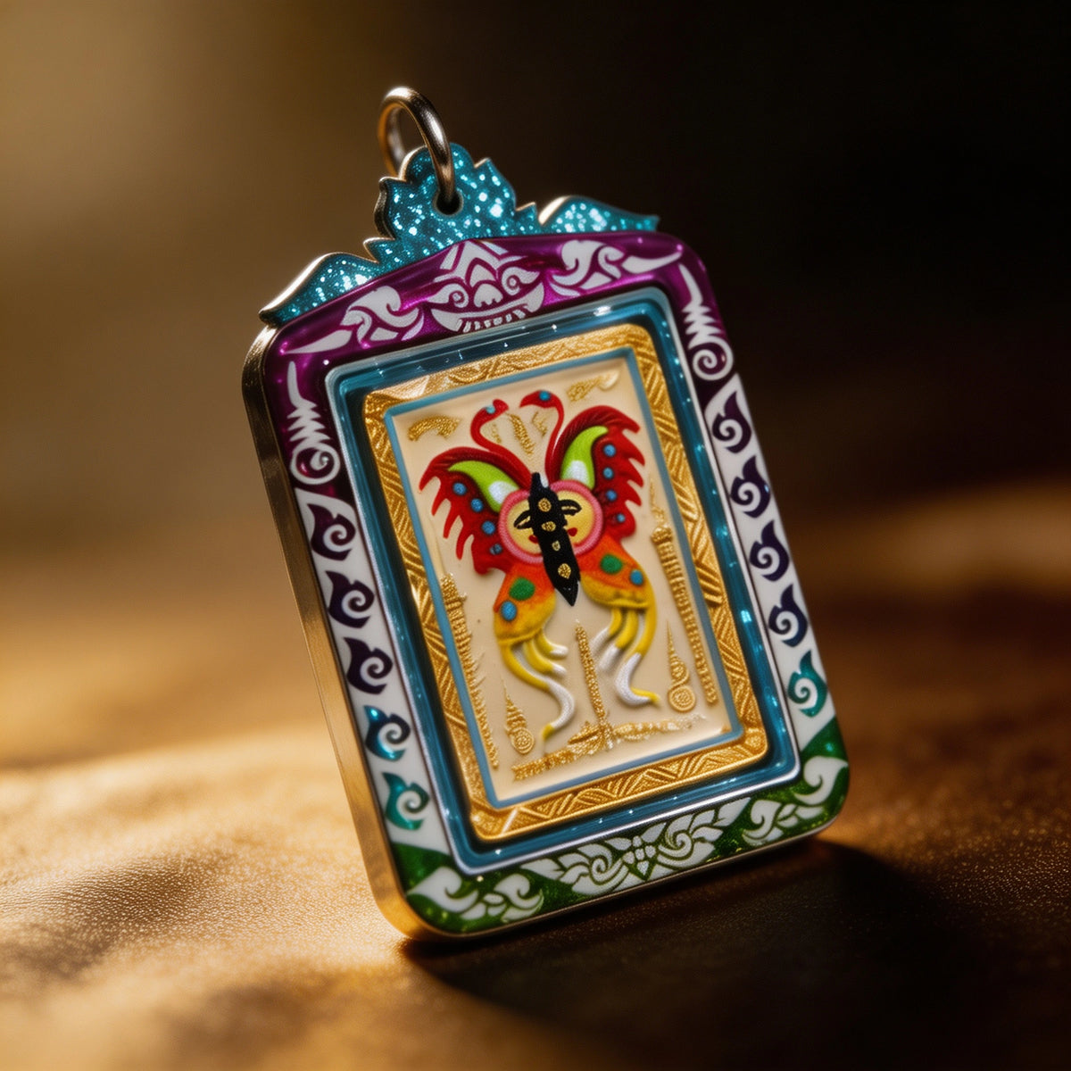 Amulette thaïlandaise de la déesse papillon (bordure irisée), pendentif folklorique thaïlandais, talisman sacré porte-bonheur