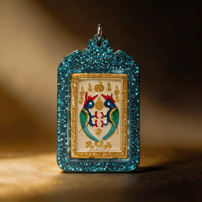 Amulette thaïlandaise de la déesse papillon (bordure irisée), pendentif folklorique thaïlandais, talisman sacré porte-bonheur