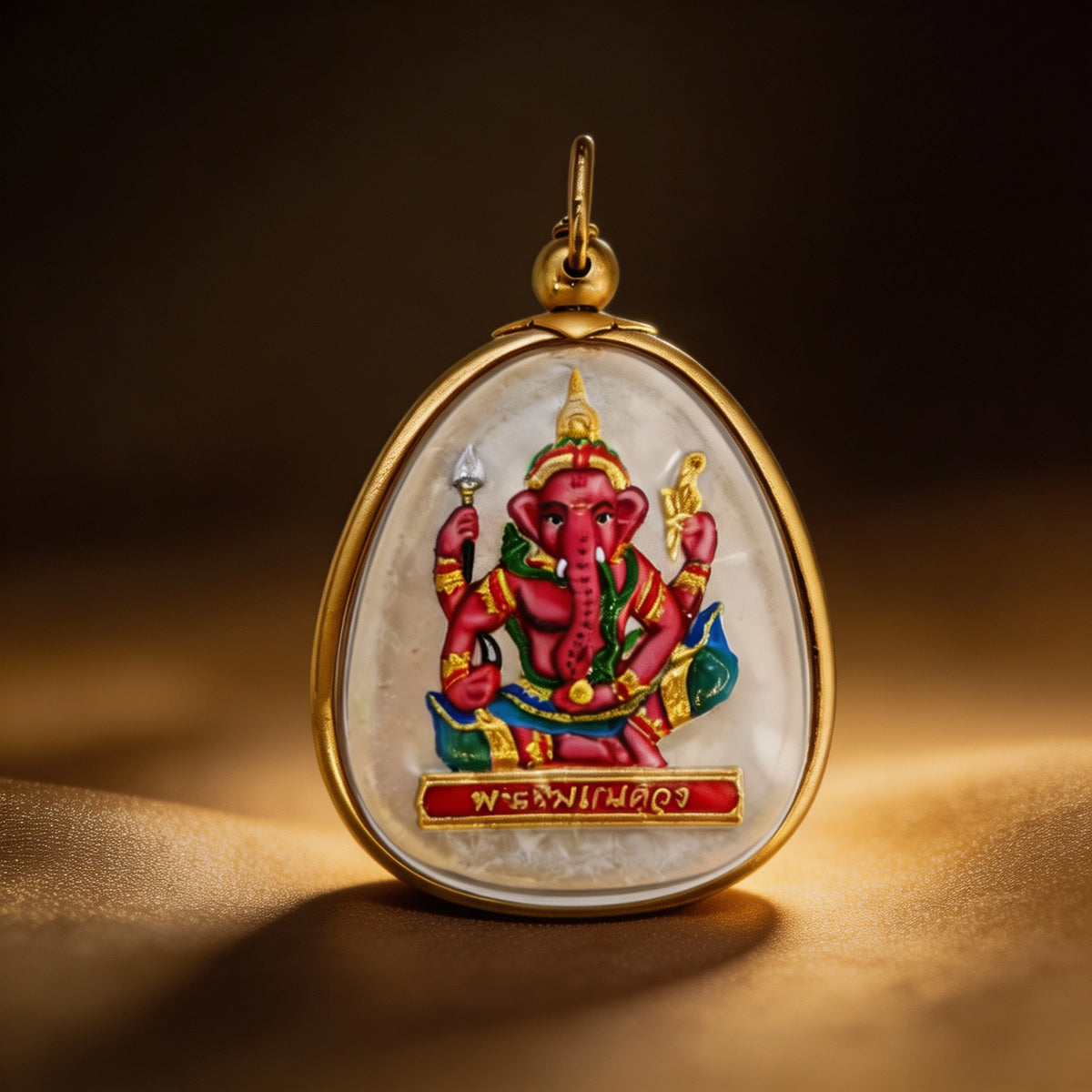 Amuleto tailandés de Ganesha (edición pintada a mano con marco dorado), colgante folclórico tailandés, talismán sagrado de la fortuna