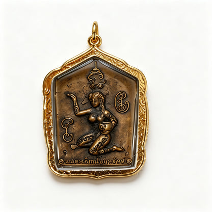 Thailändisches Khun Paen mit Ehefrau-Amulett (Goldlegierungsrahmen), thailändischer Volksanhänger, heiliger Glücksbringer