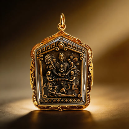 Thailändisches Khun Paen mit Ehefrau-Amulett (Goldlegierungsrahmen), thailändischer Volksanhänger, heiliger Glücksbringer