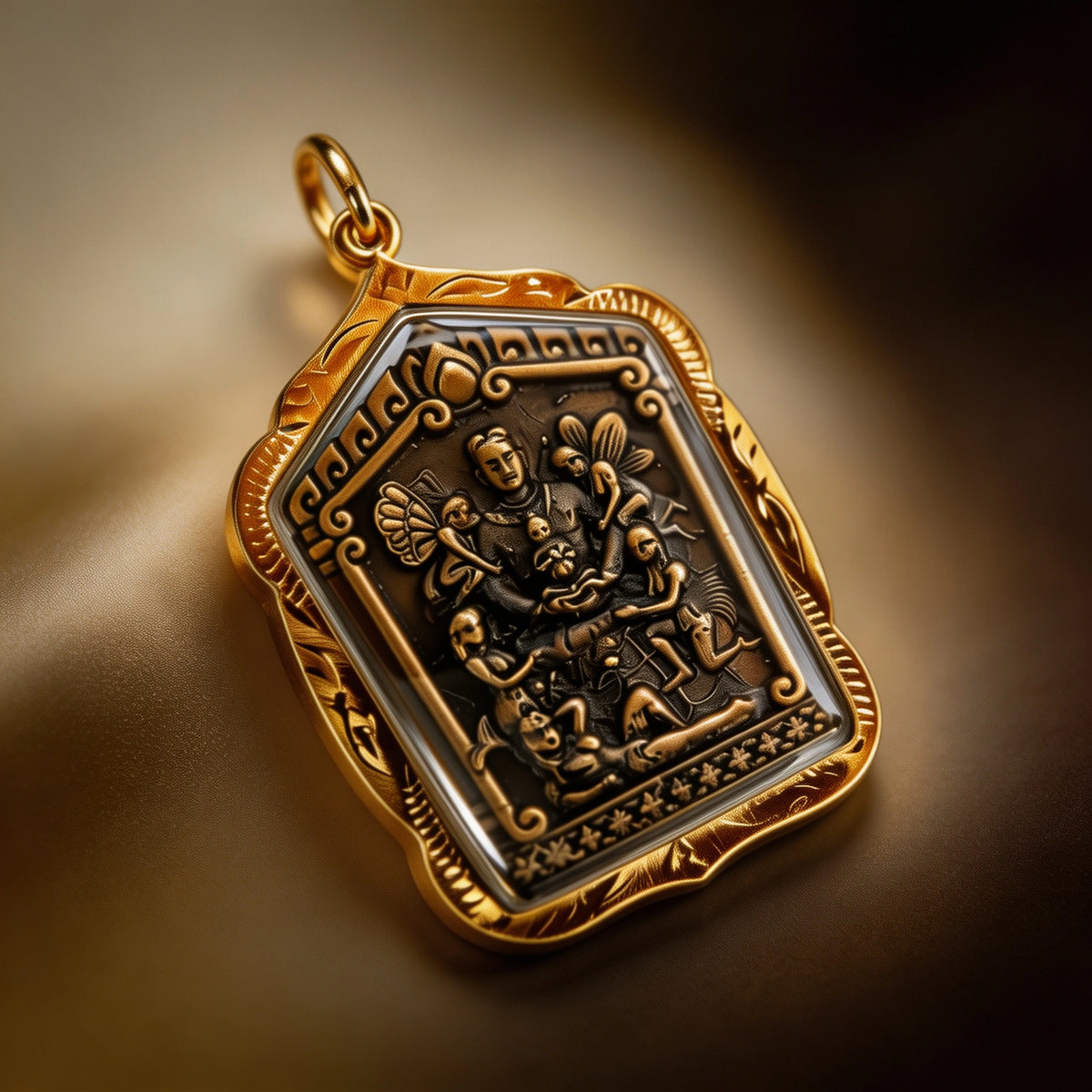 Thailändisches Khun Paen mit Ehefrau-Amulett (Goldlegierungsrahmen), thailändischer Volksanhänger, heiliger Glücksbringer