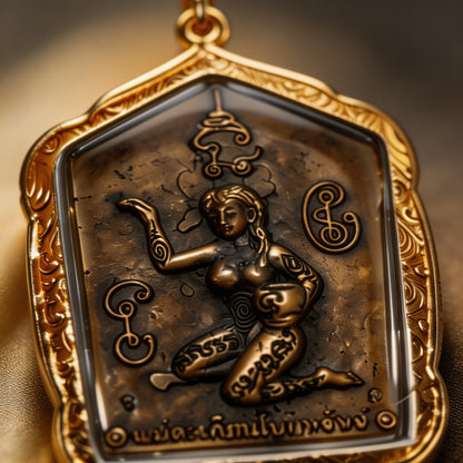 Thailändisches Khun Paen mit Ehefrau-Amulett (Goldlegierungsrahmen), thailändischer Volksanhänger, heiliger Glücksbringer