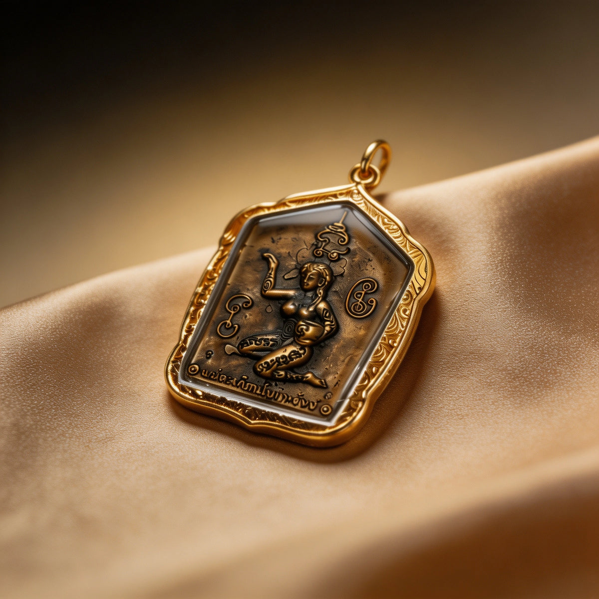 Thailändisches Khun Paen mit Ehefrau-Amulett (Goldlegierungsrahmen), thailändischer Volksanhänger, heiliger Glücksbringer