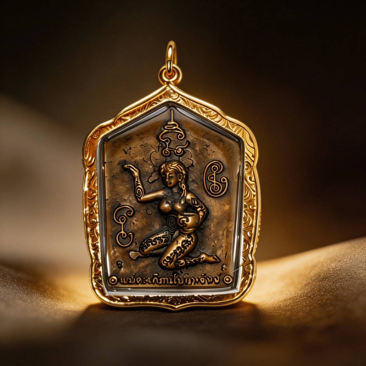 Thailändisches Khun Paen mit Ehefrau-Amulett (Goldlegierungsrahmen), thailändischer Volksanhänger, heiliger Glücksbringer