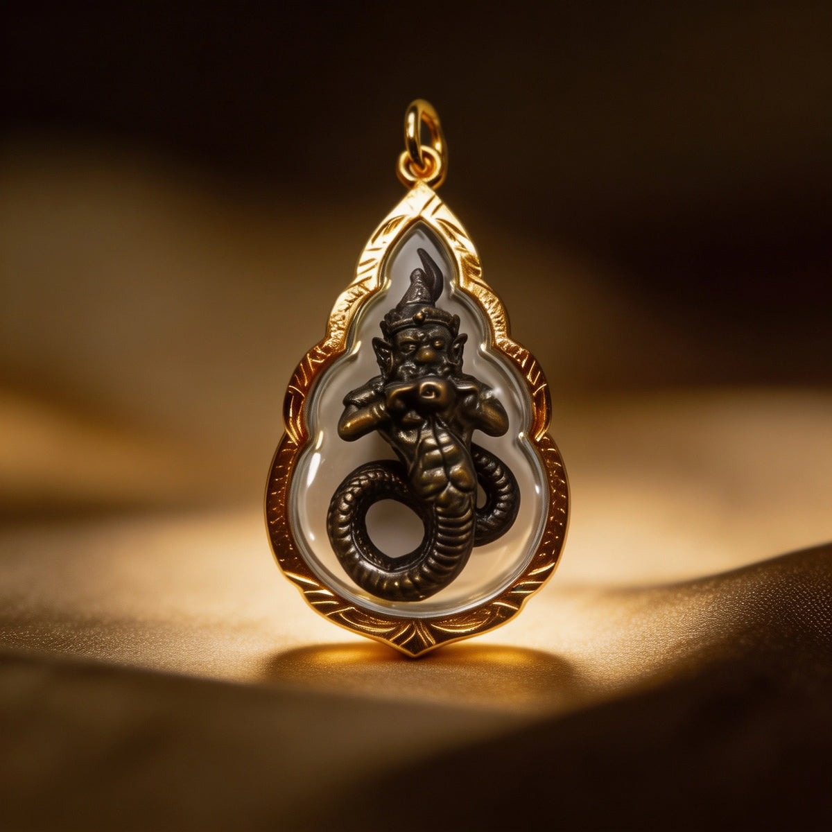 Thailändisches Phra-Rahu-Amulett (tropfenförmiger Goldrahmen), thailändischer Volksanhänger, heiliger Glücksbringer