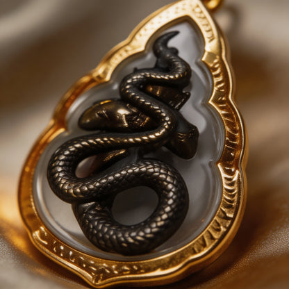 Thailändisches Phra-Rahu-Amulett (tropfenförmiger Goldrahmen), thailändischer Volksanhänger, heiliger Glücksbringer