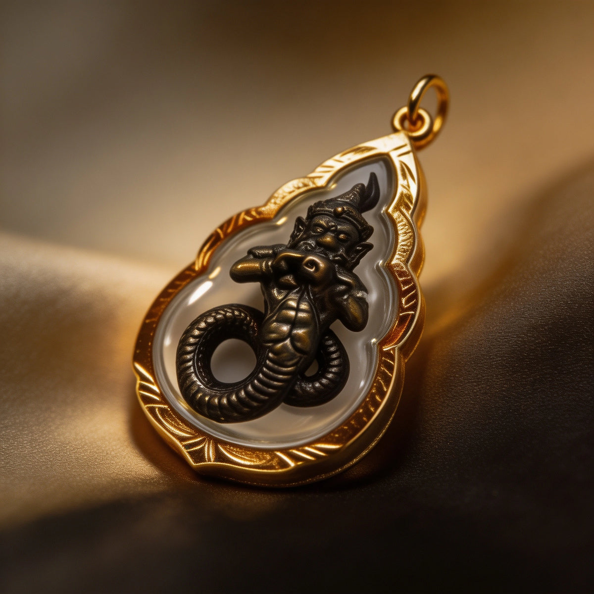 Thailändisches Phra-Rahu-Amulett (tropfenförmiger Goldrahmen), thailändischer Volksanhänger, heiliger Glücksbringer