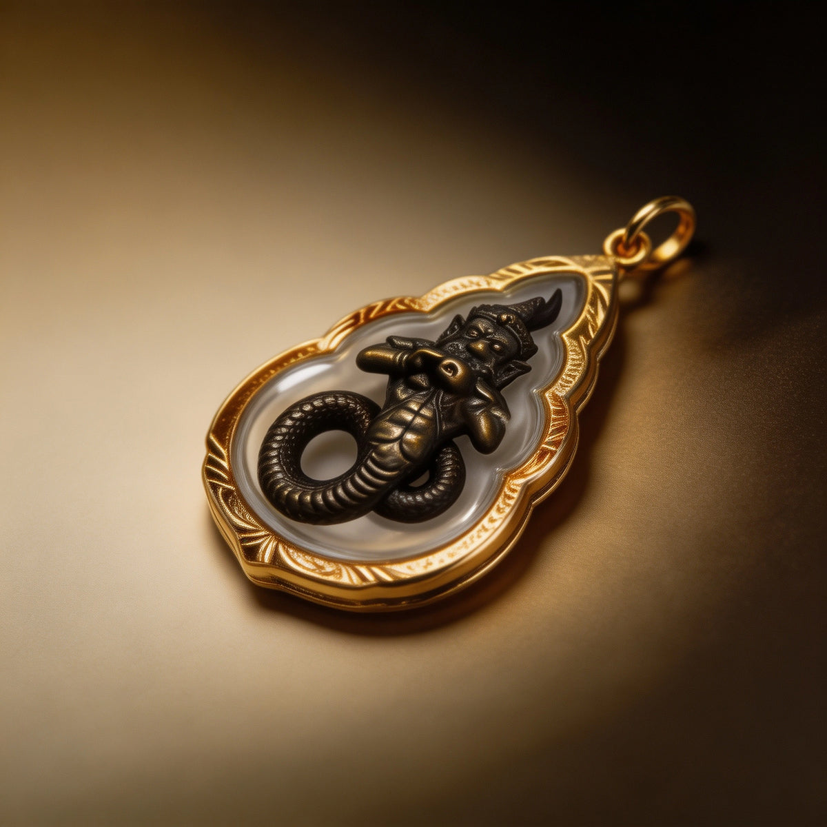 Thailändisches Phra-Rahu-Amulett (tropfenförmiger Goldrahmen), thailändischer Volksanhänger, heiliger Glücksbringer