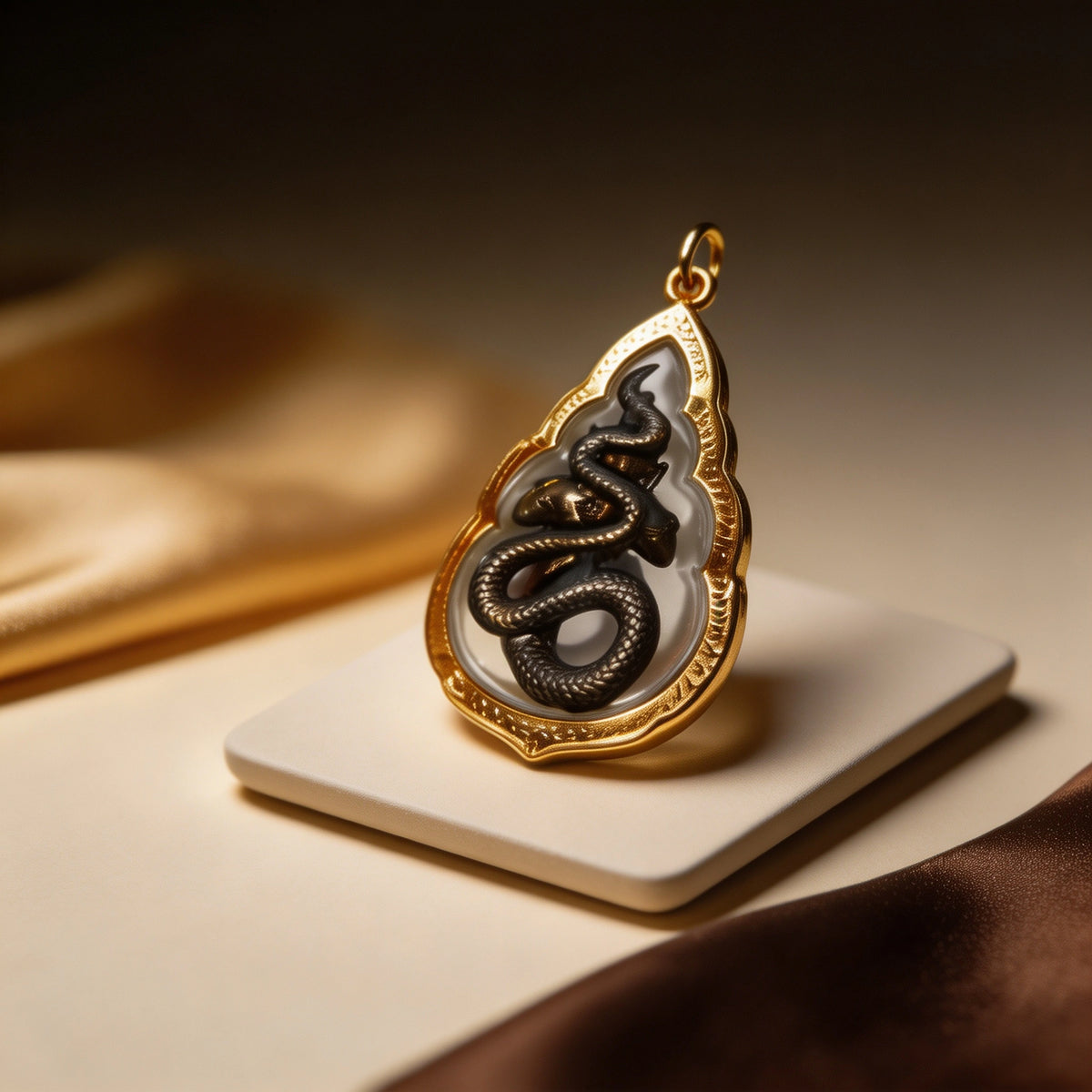 Thailändisches Phra-Rahu-Amulett (tropfenförmiger Goldrahmen), thailändischer Volksanhänger, heiliger Glücksbringer