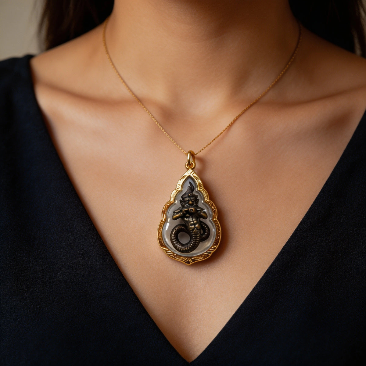Thailändisches Phra-Rahu-Amulett (tropfenförmiger Goldrahmen), thailändischer Volksanhänger, heiliger Glücksbringer