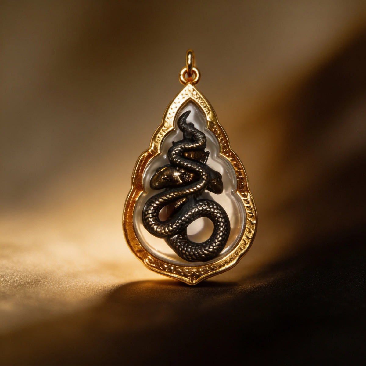 Thailändisches Phra-Rahu-Amulett (tropfenförmiger Goldrahmen), thailändischer Volksanhänger, heiliger Glücksbringer