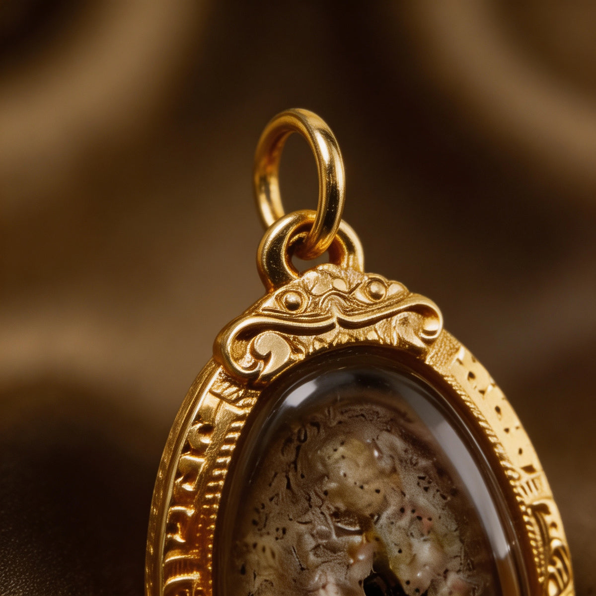 Amuleto tailandés Phra Sangkajai (piedra con marco dorado), colgante folclórico tailandés, talismán sagrado de la fortuna