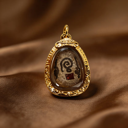 Amuleto tailandés Phra Sangkajai (piedra con marco dorado), colgante folclórico tailandés, talismán sagrado de la fortuna