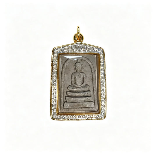 Thailändisches Somdej-Buddha-Amulett (Phra Somdej, schwarzer Stein mit Goldrahmen), thailändischer Volksanhänger, heiliger Glücksbringer