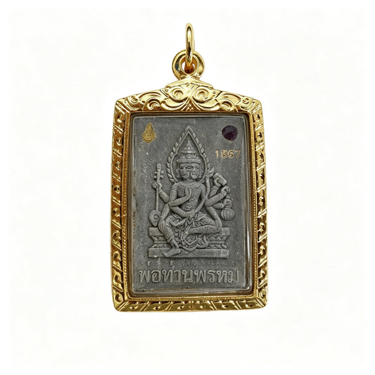 Thailändisches Somdej-Buddha-Amulett (Phra Somdej, schwarzer Stein mit Goldrahmen), thailändischer Volksanhänger, heiliger Glücksbringer