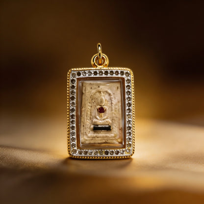 Amuleto de Buda tailandés Phra Somdej (cuadrado de piedra con marco dorado), colgante folclórico tailandés, talismán sagrado para atraer la fortuna