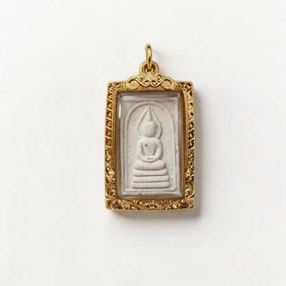 Amulette thaïlandaise Bouddha Somdej (Phra Somdej, série en pierre blanche sous cadre doré), pendentif folklorique thaï, talisman sacré porte-bonheur