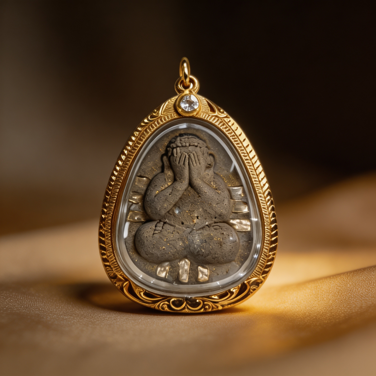 Thailändisches Phra Pidta Amulett (Buddha mit verdecktem Gesicht, grauer Stein mit Goldrahmen), thailändischer Volksanhänger, heiliger Glücksbringer