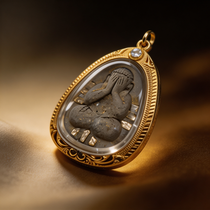 Thailändisches Phra Pidta Amulett (Buddha mit verdecktem Gesicht, grauer Stein mit Goldrahmen), thailändischer Volksanhänger, heiliger Glücksbringer