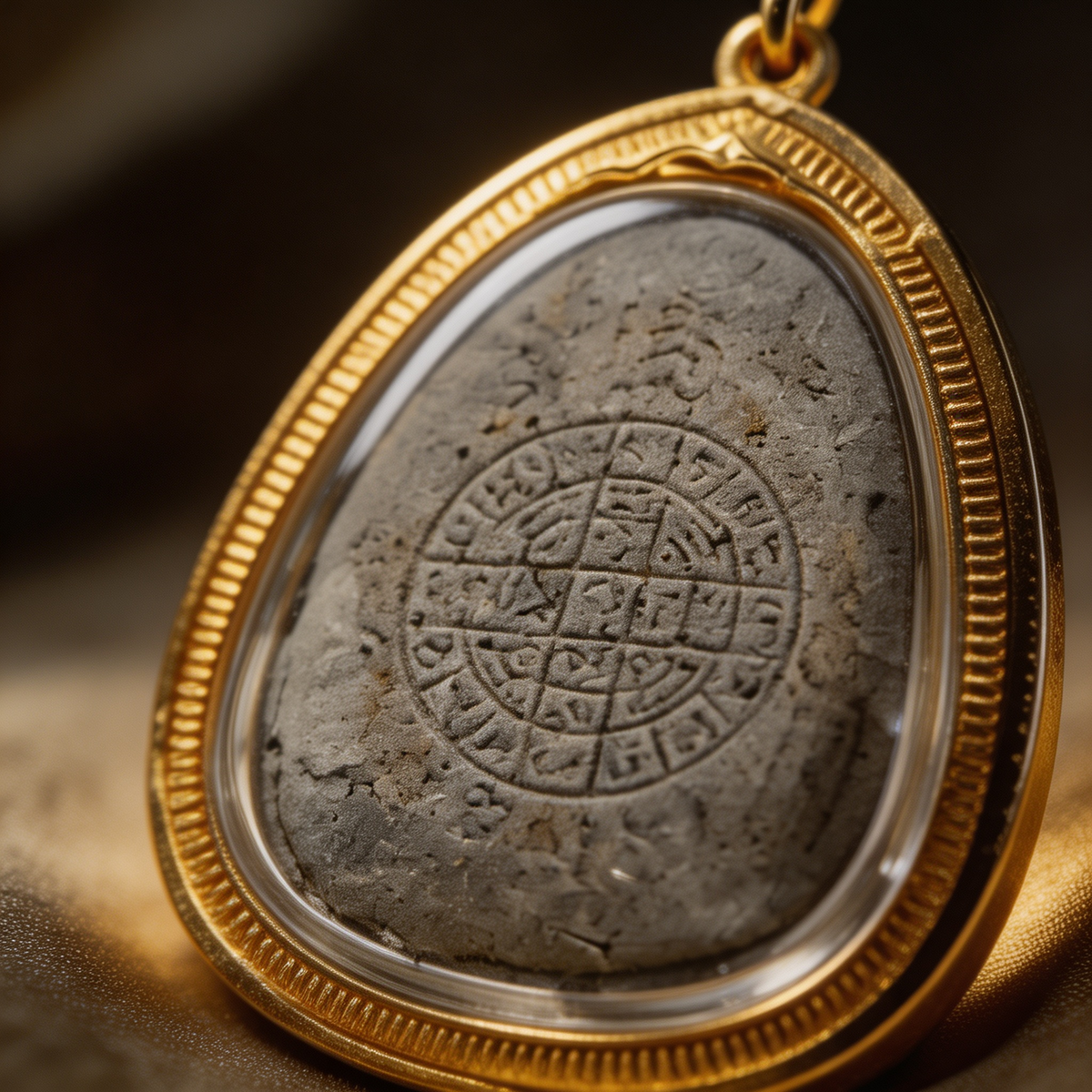 Thailändisches Phra Pidta Amulett (Buddha mit verdecktem Gesicht, grauer Stein mit Goldrahmen), thailändischer Volksanhänger, heiliger Glücksbringer
