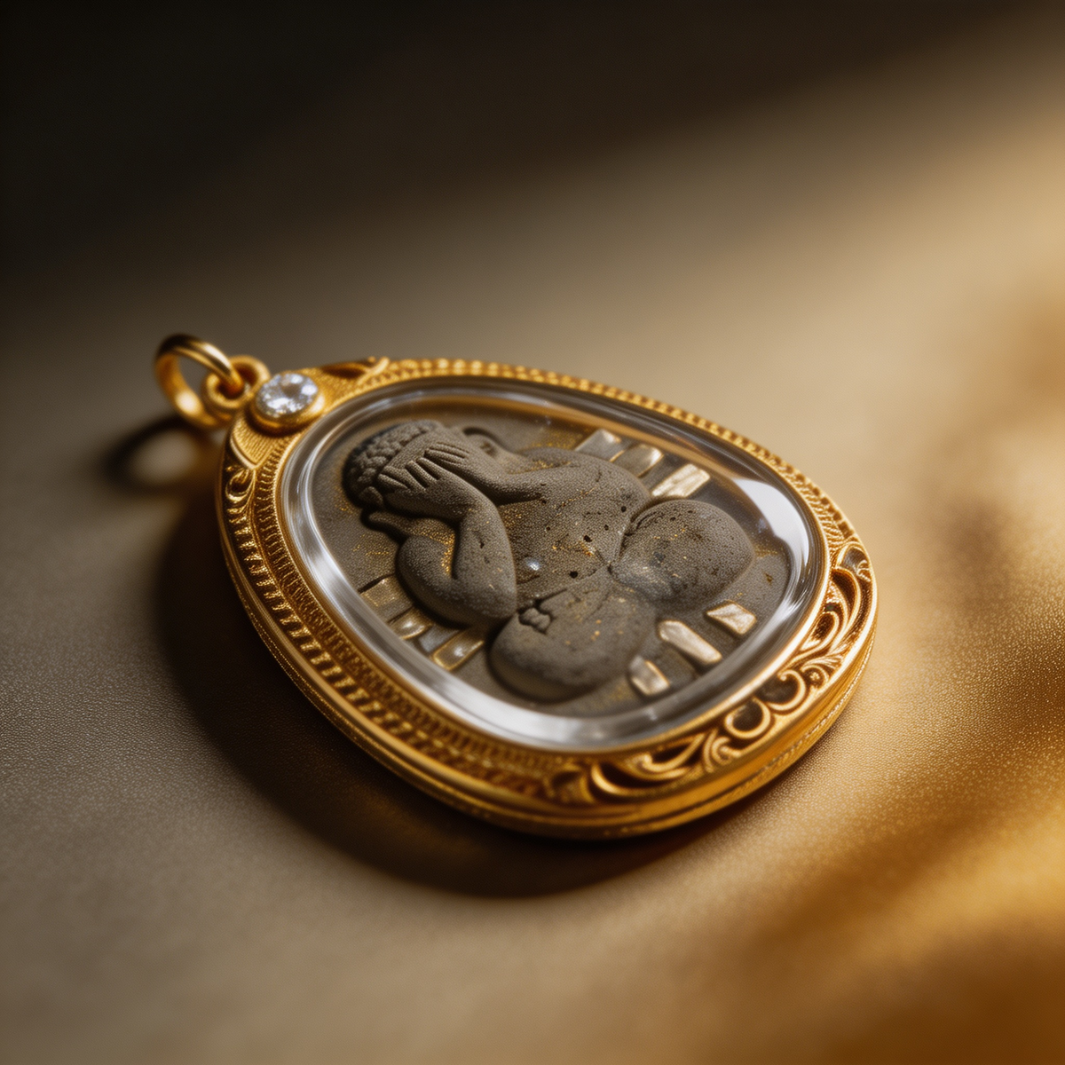 Thailändisches Phra Pidta Amulett (Buddha mit verdecktem Gesicht, grauer Stein mit Goldrahmen), thailändischer Volksanhänger, heiliger Glücksbringer