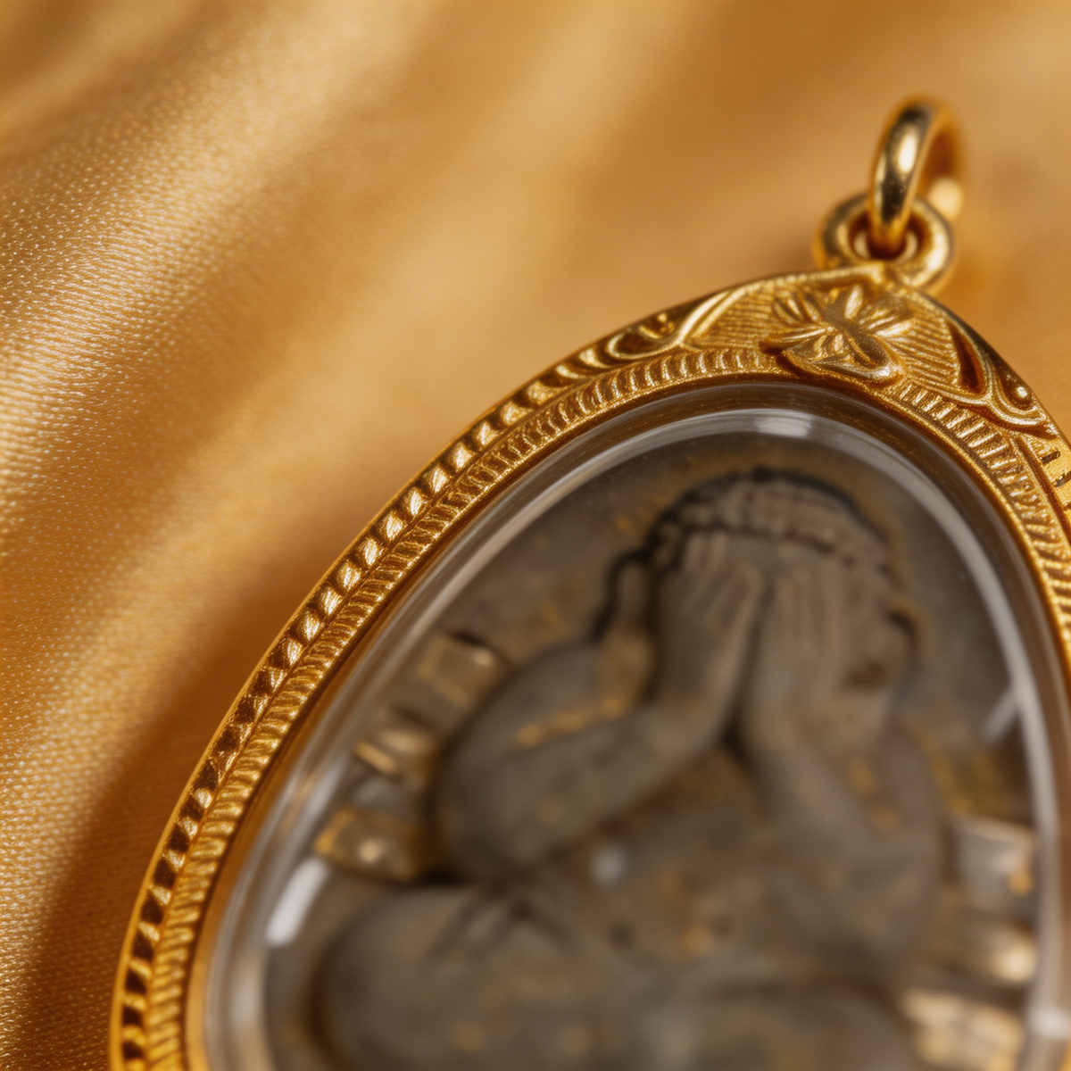 Thailändisches Phra Pidta Amulett (Buddha mit verdecktem Gesicht, grauer Stein mit Goldrahmen), thailändischer Volksanhänger, heiliger Glücksbringer