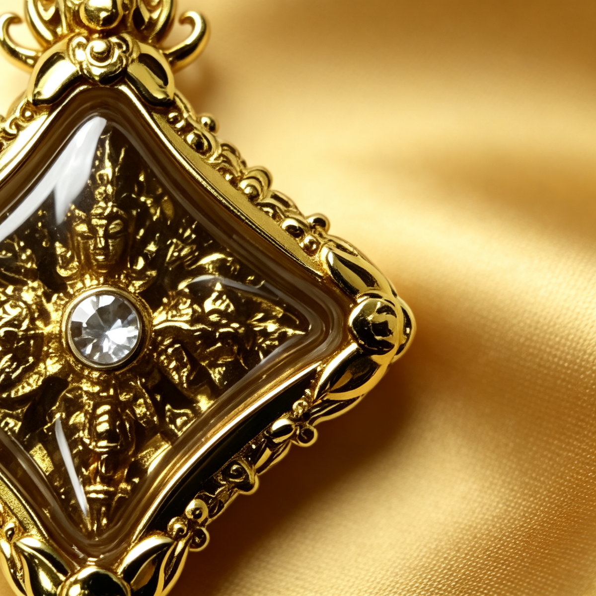 Thai Phra Phrom Four-Faced Buddha Amulet (Gold Mini), Thai Folk Pendant, Sacred Fortune-Wearing Talisman