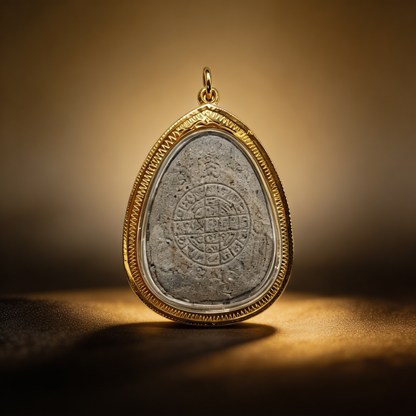 Thailändisches Phra Pidta Amulett (Buddha mit verdecktem Gesicht, grauer Stein mit Goldrahmen), thailändischer Volksanhänger, heiliger Glücksbringer