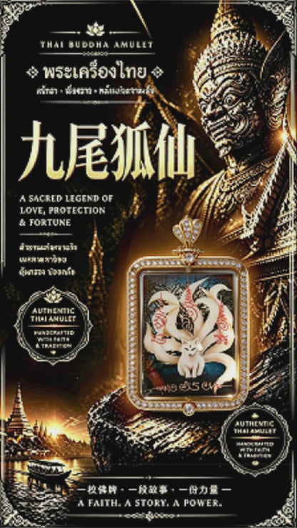Thai Nine-Tailed Fox Fairy Amulet (Square Gold-Frame Diamond-Set), Thai Folk Pendant, Sacred Fortune-Wearing Talisman