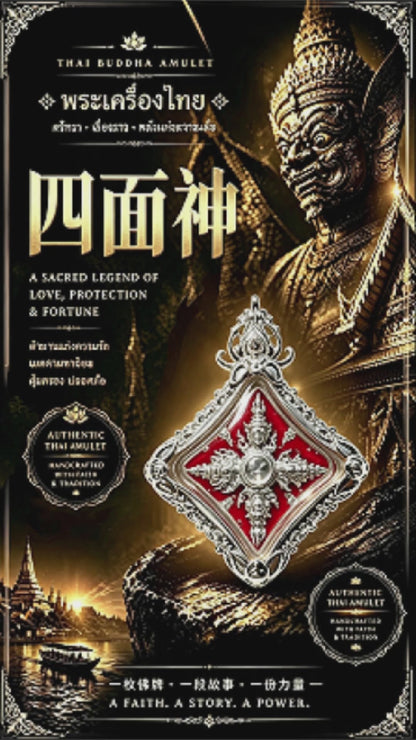泰国四面佛（Phra Phrom）银粉迷你佛牌，泰国传统挂坠，招财保平安圣物