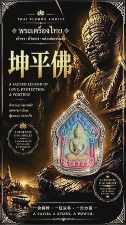 Thai Khun Paen Buddha Amulet (Silver-Frame Colored Stone), Thai Folk Pendant, Sacred Fortune-Wearing Talisman