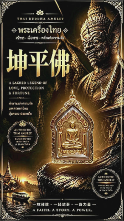 Thai Khun Phaen Buddha Amulet (All Gold Edition), Thai Folk Pendant, Sacred Fortune-Wearing Talisman