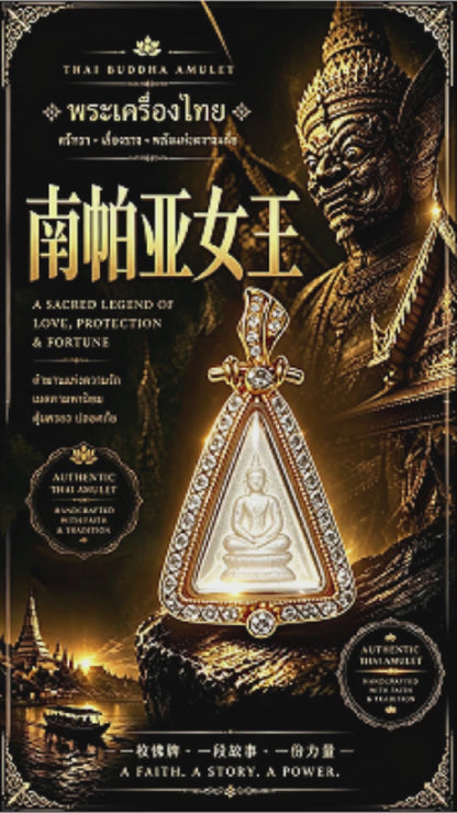 Thai Queen Nang Phaya Amulet (Gold-Frame Triangle White Stone), Thai Folk Pendant, Sacred Fortune-Wearing Talisman