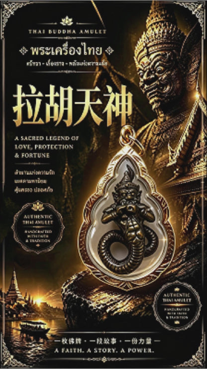 Thailändisches Phra-Rahu-Amulett (tropfenförmiger Goldrahmen), thailändischer Volksanhänger, heiliger Glücksbringer