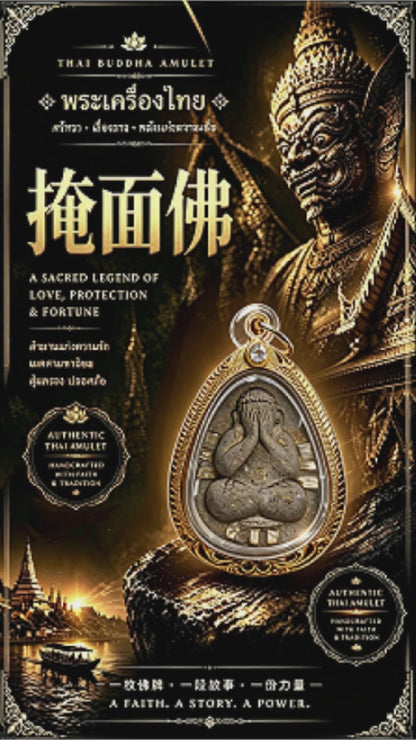 Thailändisches Phra Pidta Amulett (Buddha mit verdecktem Gesicht, grauer Stein mit Goldrahmen), thailändischer Volksanhänger, heiliger Glücksbringer