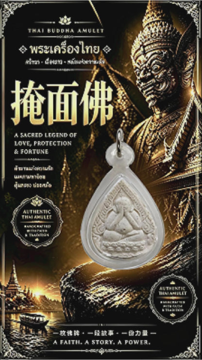 Amulette thaïlandaise Phra Pidta (Bouddha aux mains sur le visage), pendentif traditionnel thaï en acrylique en forme de goutte avec pierre blanche, talisman sacré porte-bonheur
