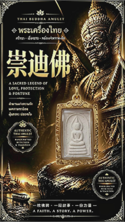 Amulette thaïlandaise Bouddha Somdej (Phra Somdej, série en pierre blanche sous cadre doré), pendentif folklorique thaï, talisman sacré porte-bonheur