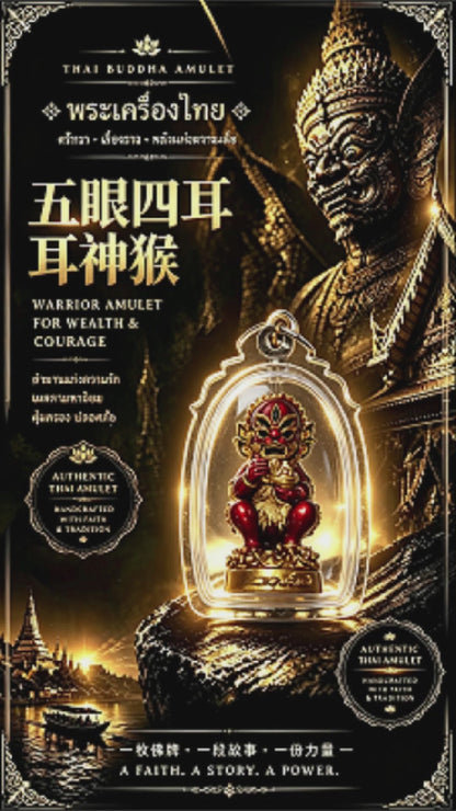 Thai Five-Eyed Four-Eared Monkey Hanuman (Red Gold Edition), Thai Folk Pendant, Sacred Fortune-Wearing Talisman