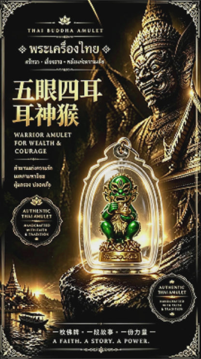 Thai Five-Eyed Four-Eared Monkey Hanuman (Green Gold Edition), Thai Folk Pendant, Sacred Fortune-Wearing Talisman