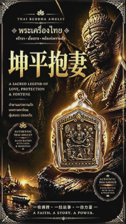 Thailändisches Khun Paen mit Ehefrau-Amulett (Goldlegierungsrahmen), thailändischer Volksanhänger, heiliger Glücksbringer