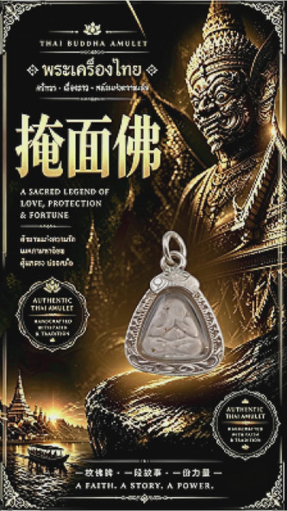 Thailändisches Phra Pidta Amulett mit verhülltem Buddha (Mini-Silberrahmen), thailändischer Volksanhänger, heiliger Glücksbringer