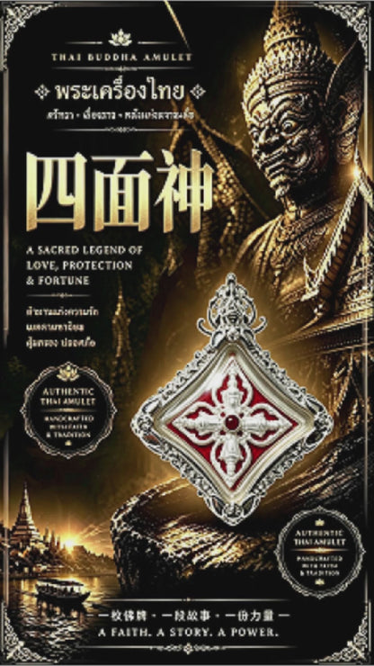 Thailändisches Phra Phrom Viergesicht-Buddha-Amulett (Silber Mini), thailändischer Volksanhänger, heiliger Glücksbringer