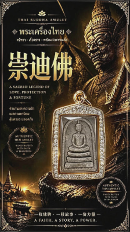 泰国崇迪佛牌（崇迪佛，黑石金框），泰国民俗吊坠，开运护身符