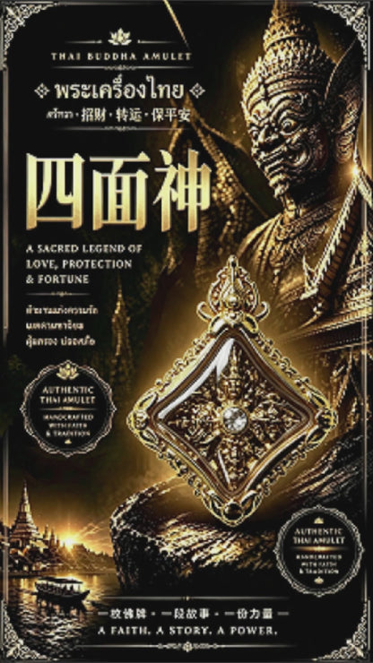 Thai Phra Phrom Four-Faced Buddha Amulet (Gold Mini), Thai Folk Pendant, Sacred Fortune-Wearing Talisman