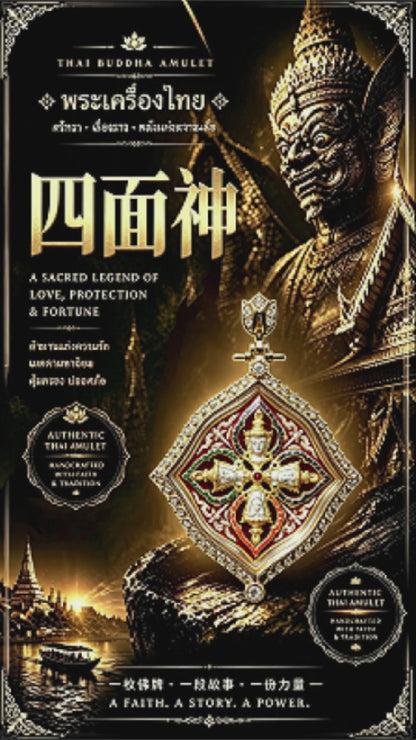 タイのプラ・プロム（四面仏）アミュレット（ゴールド版）、タイの民芸ペンダント、幸運をもたらす聖なるお守り